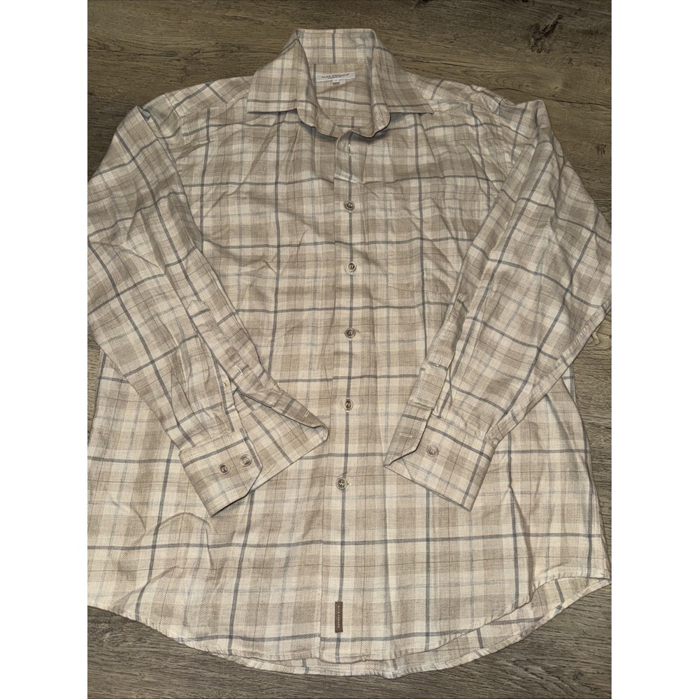 Alex Cannon Button Down Shirt Mens M Tans And Gray 100% Cotton Checkered